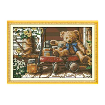 

Honey Bear Counted Cross Stitch Kit 14CT 11CT Embroidery Set White Canvas Printed Pattern Needlework Stitching Crafts Home Decor