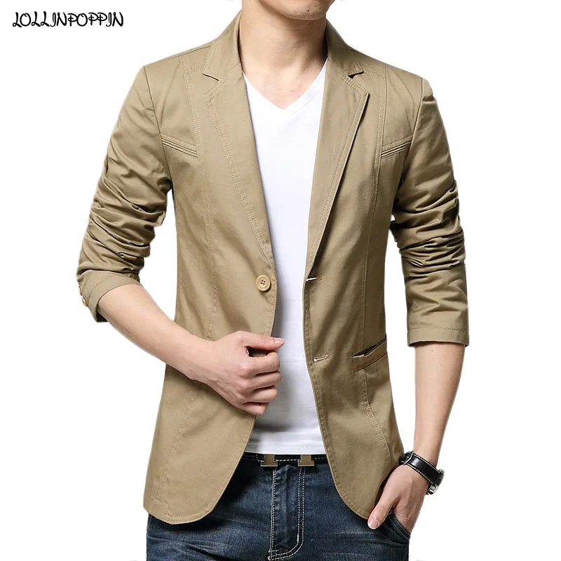 

Мужские повседневные блейзеры с отворотами из потертого хлопка, однобортный пиджак цвета хаки с двумя пуговицами, однотонная мужская верхняя одежда