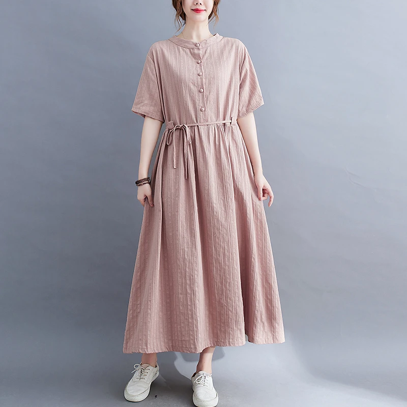Korean Fashion Style Cotton Linen Chic Green Summer Dresses For Women 2025 Casual Loose Long Office Ladies Dress Elegant Clothes