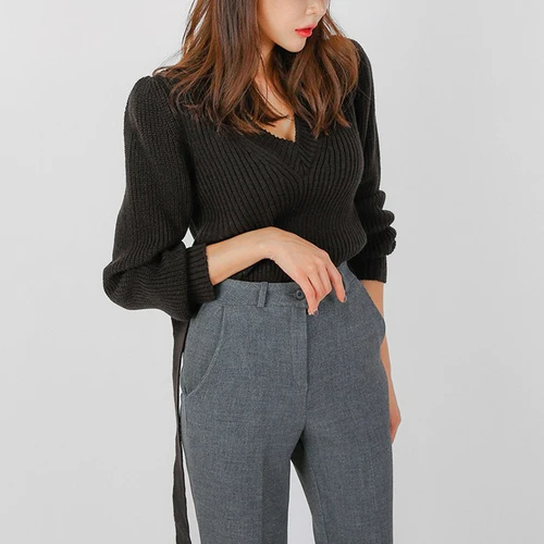Neploe Pull Femme с v-образным вырезом комбинезон для новорожденных с длинными рукавами свитер с завязками Джемперы Для Женщин Осенние элегантные тонкие вязанные пуловеры, 54756 - Цвет: black