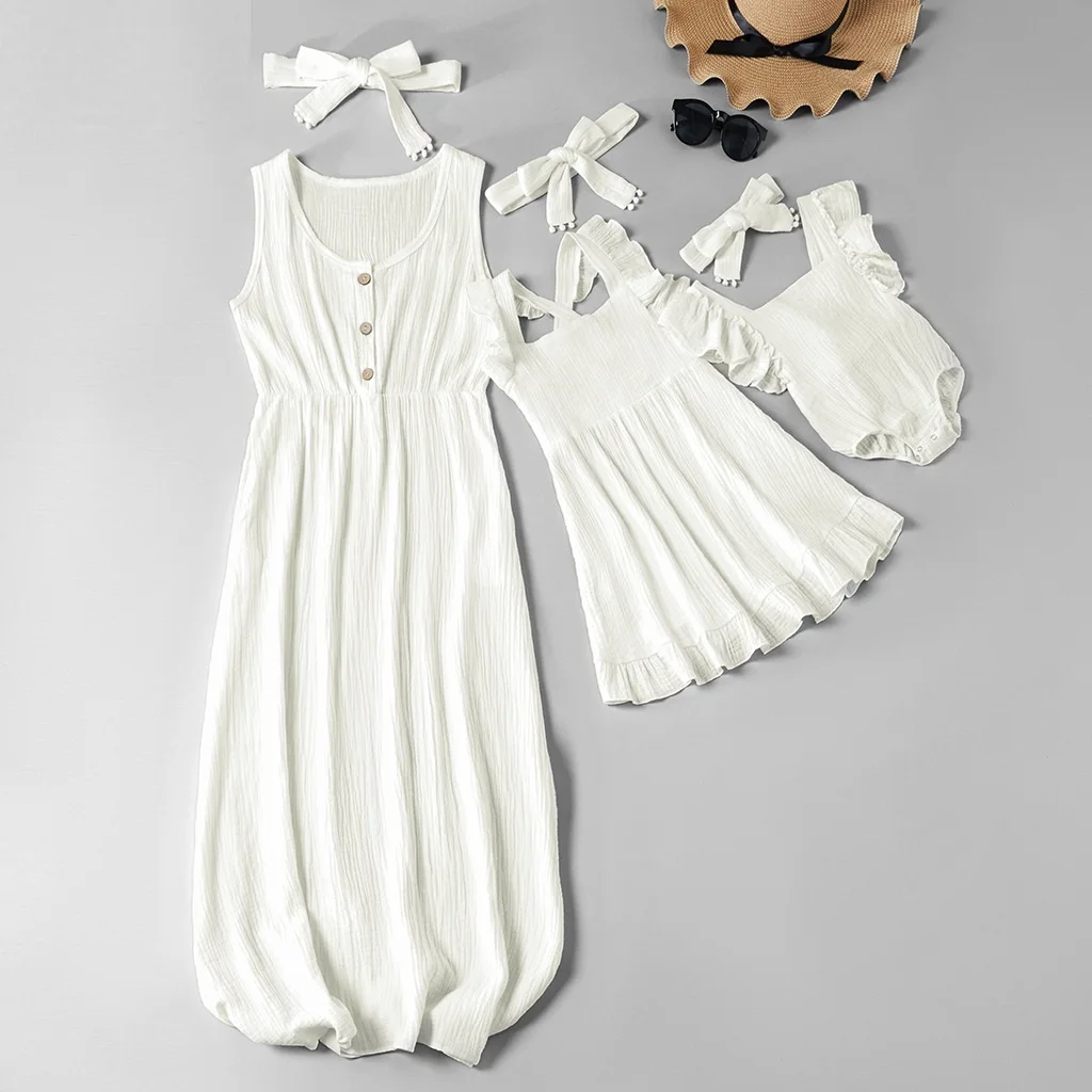 Платье на бретелях для всей семьи; одинаковые платья для мамы и дочки; одежда для мамы и дочки; платье для мамы и ребенка; повязка на голову - Цвет: AI-White