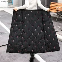 Эластичная Высокая талия теплый вниз хлопок вышивка женская макси юбка зима Мода Утолщаются длинные юбки карандаш с карманом Femme