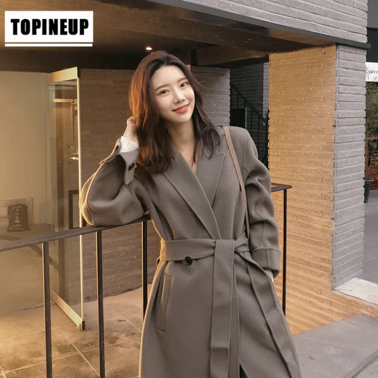 

2019New elegant Long Women's coat lapel pockets belted loose Jackets solid color coats Female Outerwear