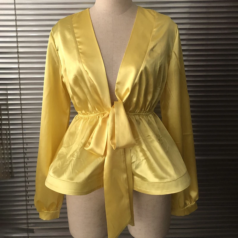 Для инсайдера, Розовая атласная шелковая блузка с рюшами, рубашка для женщин, v-образный вырез, длинный рукав, Сексуальные вечерние блузки, туника-Пеплум, желтые топы размера плюс - Цвет: Цвет: желтый