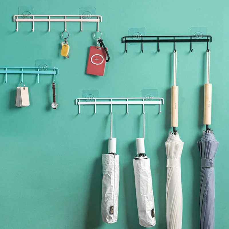 

Household Storage Rack Accessories Holder Strong Adhesive Wall Hanging Tools Iron Art 6 Hooks Kitchen Organizer Row of Hooks
