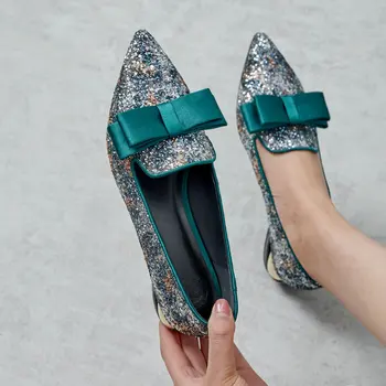 

Green Bling Leather Pumps Women Fashion Pointed Toe Chunky Heel Shoes Female Party Wedding Dress Shoes Plus Size 34 - 42 Drop