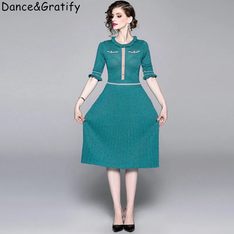 

New Fashion Retro French Elegant Autumn ice silk knit Runway Sweater dress lady Half Sleeve Green Midi pleated Dress