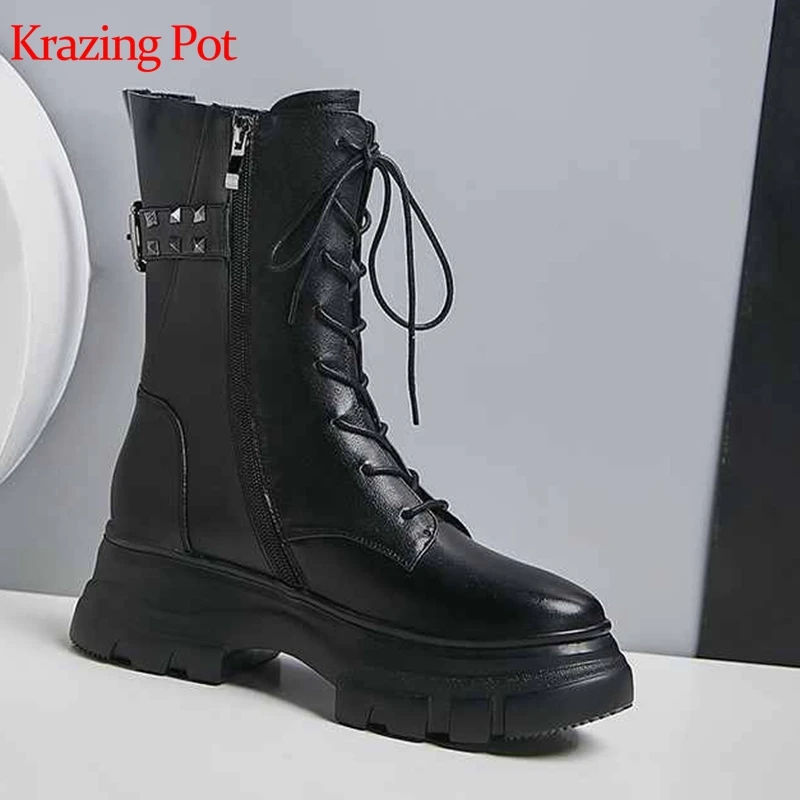 

krazing pot cow leather platform rivets beading casual round toe thick bottom warm brand rome preppy style mid-calf boots l16