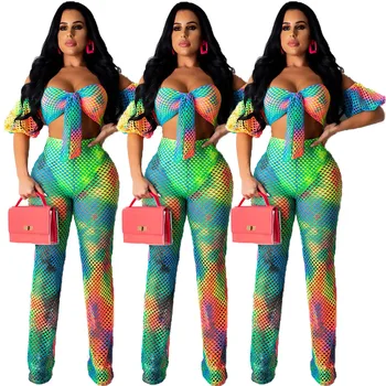 

Women's Sexy Halter 2 Piece Bikini Sets Sheer Mesh Ruffle Long Pants Set