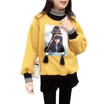 

Autumn Winter New Plus velvet sweatshirt Women Turtleneck Lamb Hair Lovely Plush Tops Fashion Loose Pullover Women Clothes Tide