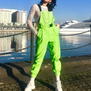 

Spring Autumn Long Rompers Womens Jumpsuit Fashion Green Buckle Belt Overalls with Chain High Street Sleeveless Female Overall