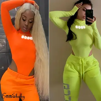 

Sexy Women Bodysuits Long Sleeve Neon Luminous Letters Playsuits Autumn Bodycon Jumpsuit Rompers Womens Ladies Skinny Tops Green