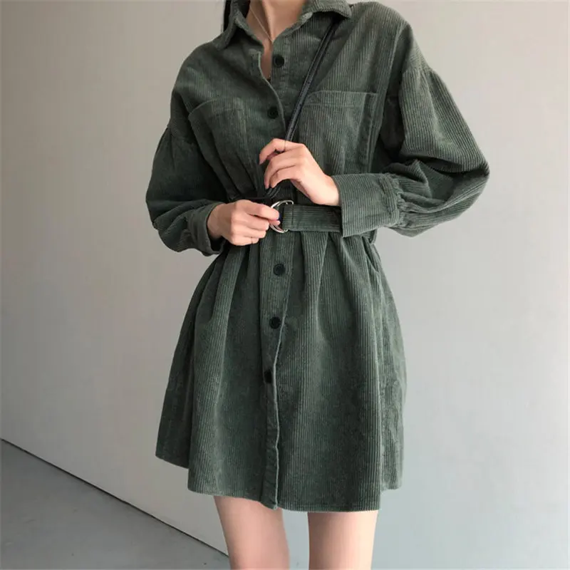 

Retro Green Solid Corduroy Thicken 2020 Korean Plus Size Sashes Stylish Chic Office Lady Streetwear High Waist Dresses