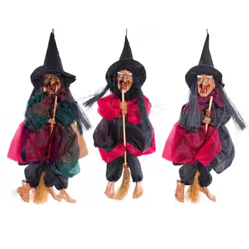 

Halloween Hanging Weird Witch Ride Broom With Creepy Sound Glowing Red Eyes Haunted House Yard Scary Party Decoration Props