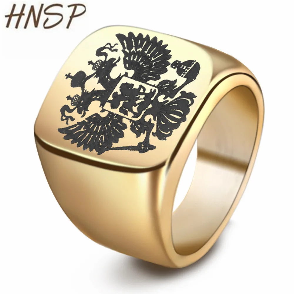 Hnsp Punk 316l Stainless Steel Square Russian Eagle Gold Rings