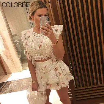 

High-end Printed Hollow Out Lace Two Piece Set Women 2020 Summer Elegant Ruffles Top+High Waist Lace Shorts Set