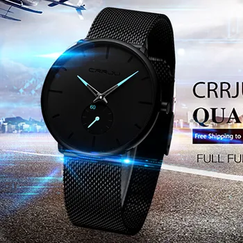 

Fashion Mens Watches Crrju 30 Meter Waterproofing Super Thin Men's Business Watch Black Leisure Wristwatch Relogio Masculino
