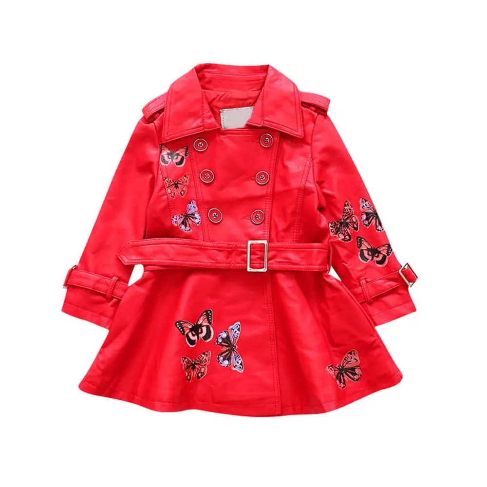 

Butterfly Print PU Leather Jacket Girls Clothes Teenage Kids Outerwear Spring Long Coat with Belt Children Fashion Windbreaker