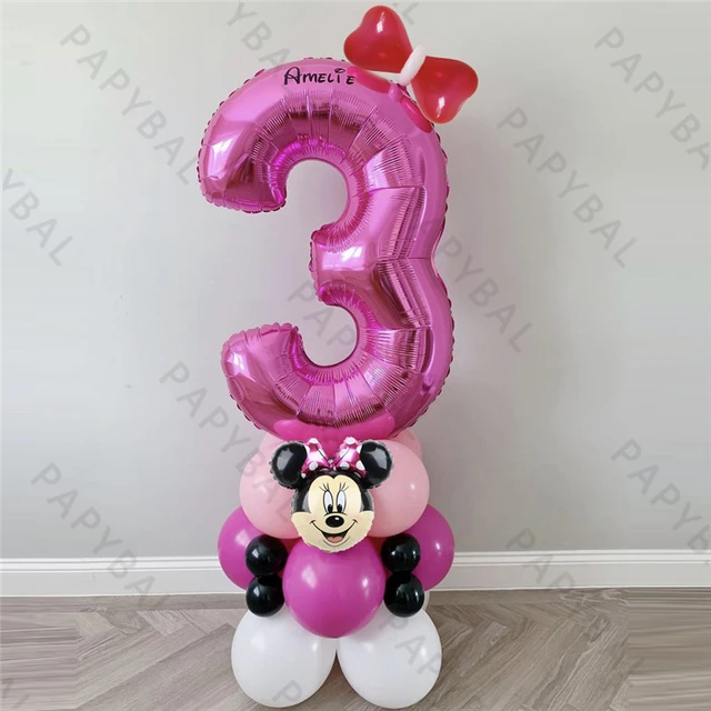 Globos De Numeros 3 Años Minnie Mouse Decoracion Para Cumpleaños Niña Set  Rosa