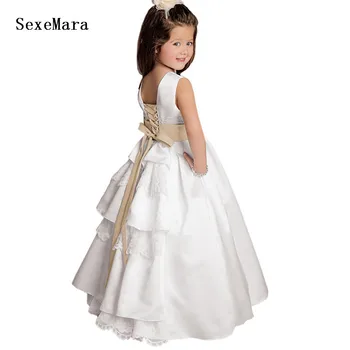 

White Cute Puffy A-Line Flower Girls Dresses for Wedding Tiered Satin Lace Kids Clothes First Communion Dress with Ribbon