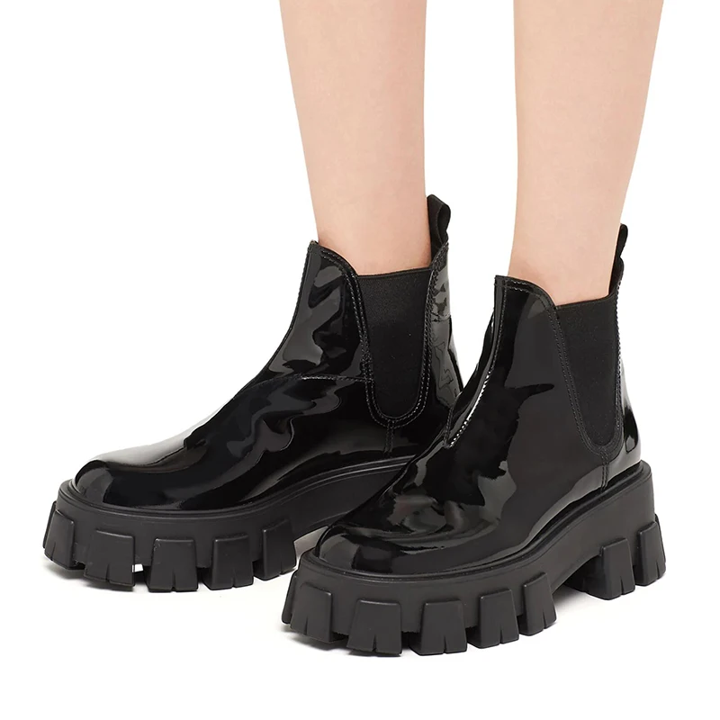 

Patent Leather Platform Boots Women Round Toe Chelsea Boots Women Solid Black Designer Ankle Women's Boots