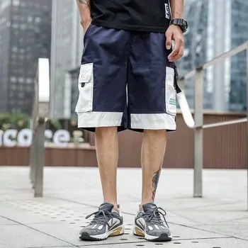

New Summer Cargo Shorts Men Fashion Patchwork Color Ealstic Waist Drawstring Japanese Streetwear Hip Hop Dance Mens Shorts