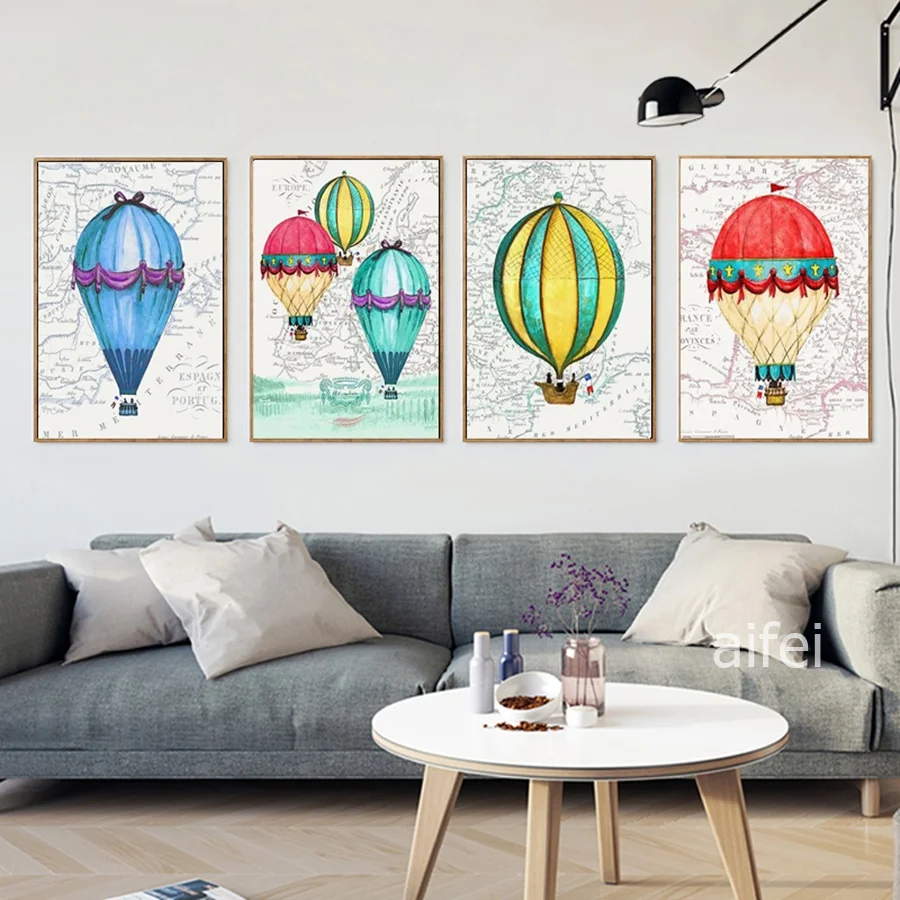 

Nordic Canvas Poster Colorful Hot Air Balloon Painting Fashion Children's Room Nursery Decoration Wall Art Pictures No Frame