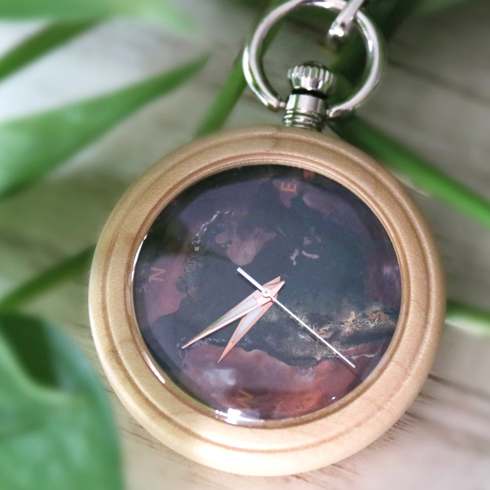 Novel Colorful Bamboo Wood Quartz Pocket Watch Round Dial Wooden Pendant Pocket Clock Men Women with Chain