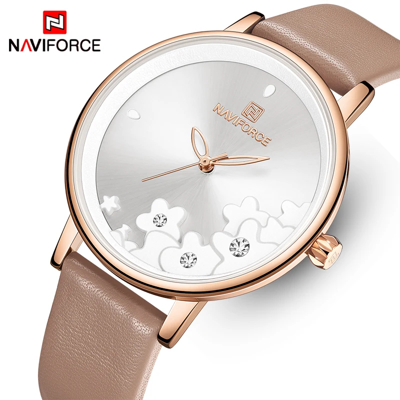 NAVIFORCE люксовый бренд дамы цветок для женщин часы кожаный ремешок наручные часы Леди Мода кварцевые часы Девушка розовое золото Reloj Mujer