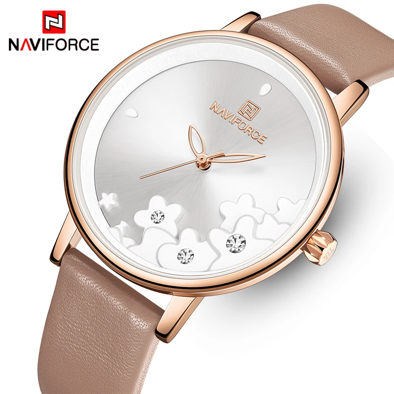 NAVIFORCE Роскошные Брендовые женские часы с цветком наручные кожаным ремешком