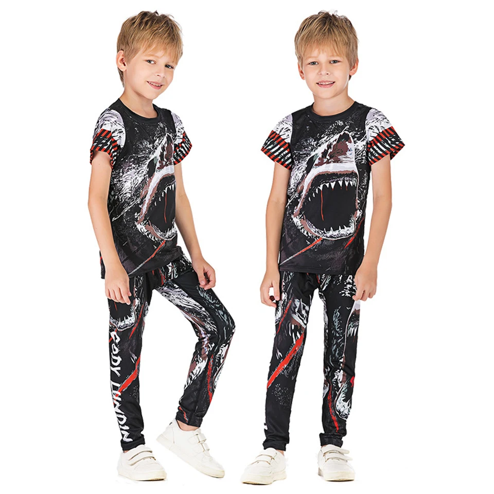 Skup Boks MMA Rashguard Jiu Jusit zestawy dla dzieci MMA koszulki + spodnie z krótkim rękawem Muay Thait dla dzieci sportowe siłownia bjj Fightwear