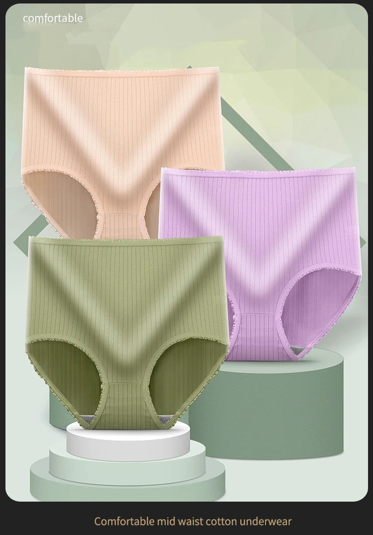 3Pcs Soft Cotton Women's Underwear Panties High Waist Briefs Solid Color Breathable Underpants Seamless Soft Lingerie Briefs high waisted lace underwear