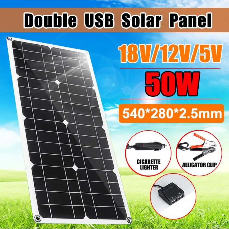 

50W Solar Panel Dual USB 5/18V Output Solar Cells Monocrystalline Solar Cell DIY Module Cable Outdoor Connector Battery Charger