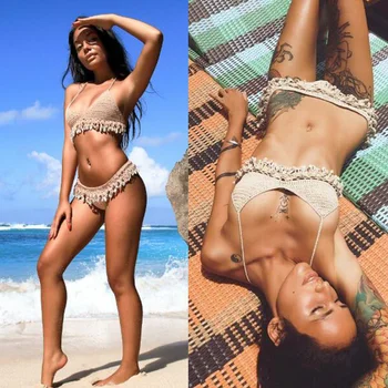 

2019 Solid Crochet Bikini Set Shell Tassels Bikini Brazilian Crochet Swimsuit Women Halter Swimwear Strappy Bikinis Dropshipping