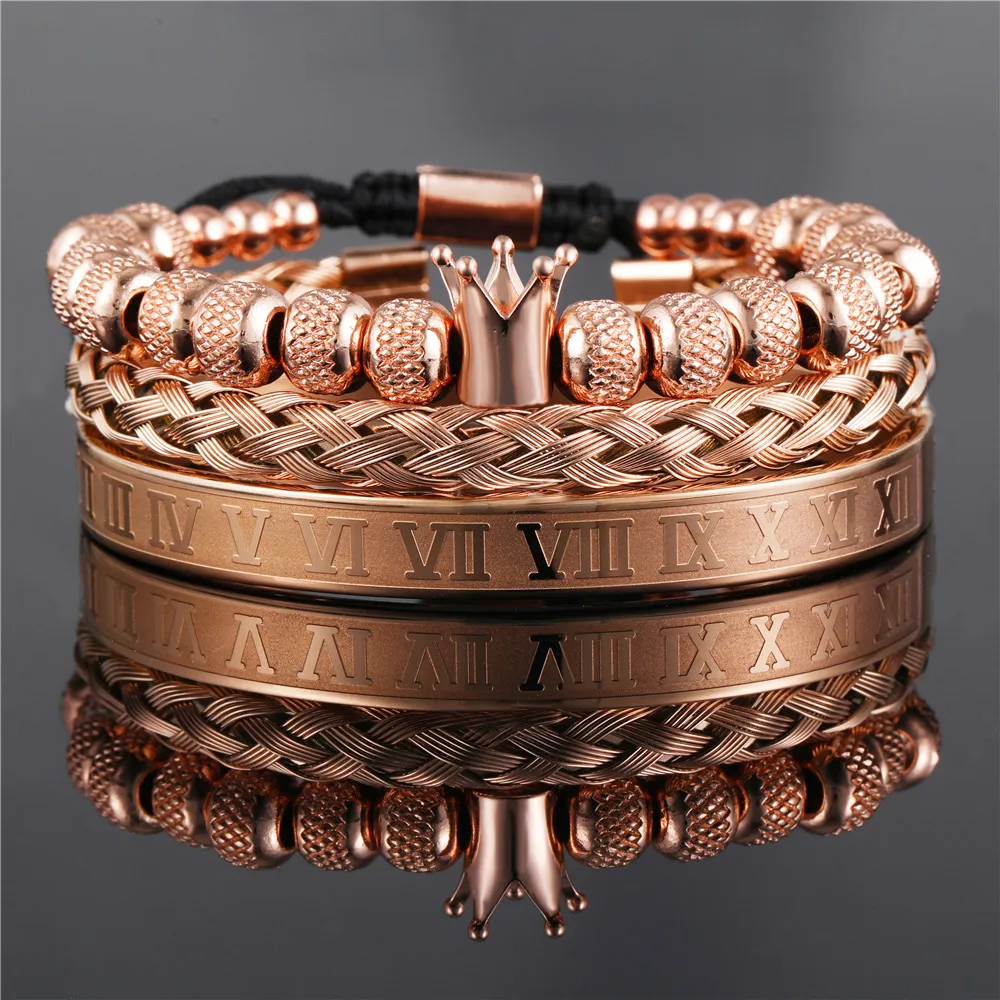Stainless Steel Bracelet Jewelry Set For Men Luxury Royal King Crown Macrame Roman Couple Gift