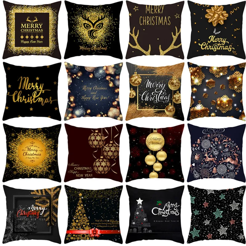 

Fuwatacchi Merry Christmas Black Background Pillow Covers Gold printed Cushion Cover for Home Sofa Decorative Throw Pillowcases