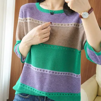

Striped Loose Ladies Sweater Pullover 2020 Autumn Winter New Arrival Green Jumpers Knit Sweaters Women Pull Femme