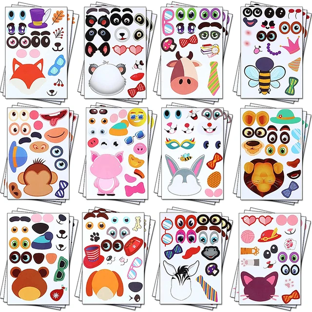 24Sheets Children DIY Puzzle Sticker Games 12 Animals Face Funny Assemble Jigsaw Stickers Kids Educational Toys Boys Girls Gifts 1