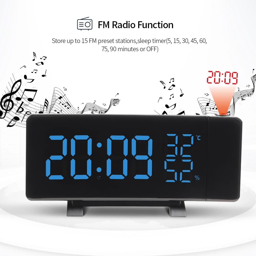 

Hot 3-Color LED Alarm Clock Screen Projection Radio Alarm Clock Thermometer Hygrometer Clock Snooze Function Dual USB Charging P