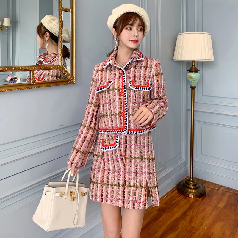 

Autumn winter Women's Sets new elegant tweed wool coat + skirt suit retro girly women two piece set top and skirt 2 piece set