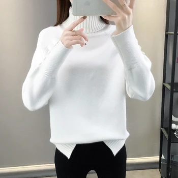 

Autumn Winter Women Turtleneck Sweater Button Split Female Knitted Loose Pullovers Casual Jumpers Pull Femme