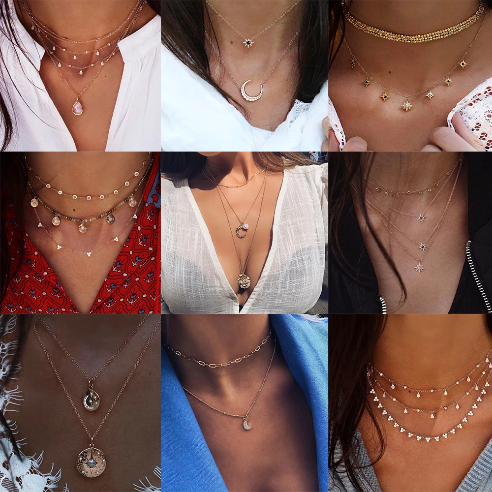 

Boho Vintage Fashion Multiple Layer Necklaces For Women Multi-element Geometric Crystal Stone Pendant Long Necklace Gift Jewelry