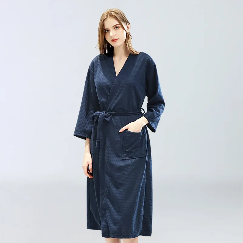 Зимние Вафельный Халат Для женщин однотонные Baju пара; одежда для сна; халат; быстрое высыхание Lounge халат прозрачная утро платье - Цвет: Navy Blue Woman
