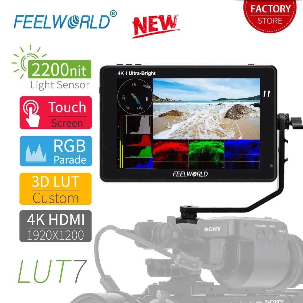 FEELWORLD LUT7 7 Inch 3D LUT Touch Screen 2200nits Camera Field Monitor 4K HDMI DSLR Monitor for Waveform VectorScope Histogram