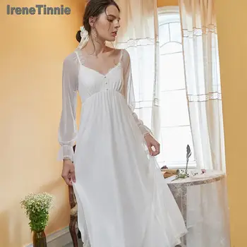 

Irene Tinnie Vintage White Cotton Women's Long Nightgowns Long Sleeve Sweet Girls Princess Sleepwear Loose Royal Nightdress