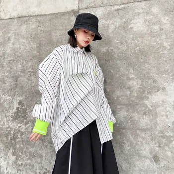 

2020 Women Long Sleeve Stripe Shirt Cardigan Oversize Hollow Out Embroidery Design Spring Autumn Loose Casual Shirts Blouses