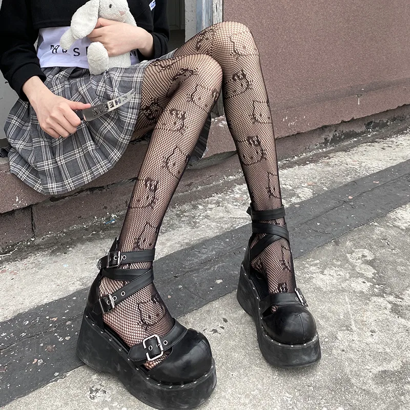 Kawaii Cartoon Cat Pattern Tattoo Tights Women Sexy Mesh Transparent Underwear Elastic Fishnet Stockings Anime Cosplay Medias fluffy socks womens