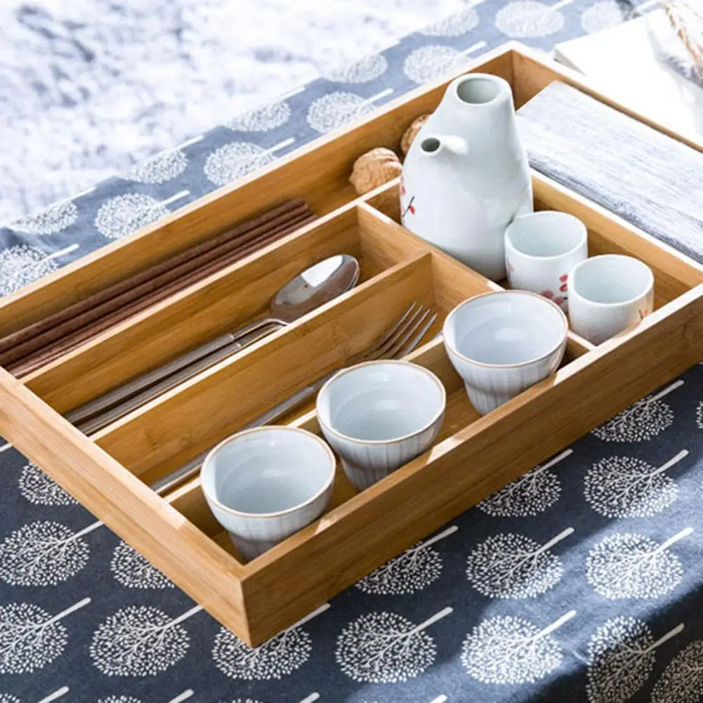 Bamboo Drawer Organizer Wooden Utensil Flatware Holder Kitchen Drawer Storage Box 6 Grid Cutlery Storage Box Household Organizer