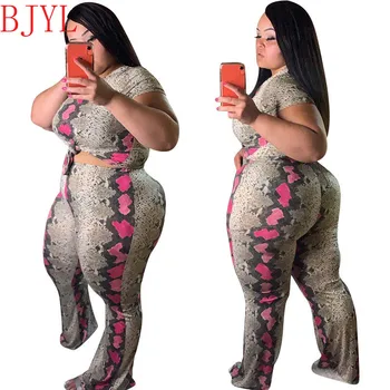 

Summer plus size two piece sets Printed Sexy 2 pieces set women round Neck Short Top with Long Trouser wholesale dropshipping