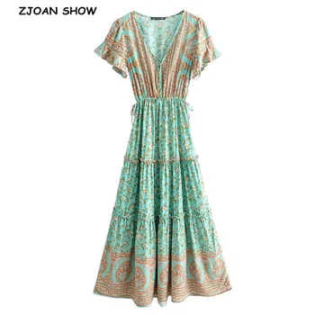 

2020 BOHO Covered Button V neck Floral print Bohemia Dress Summer Ethnic Woman Short Sleeve Tie Bow Strappy Maxi Long Dresses